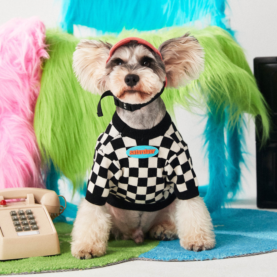 Pet Checkerboard Round Neck Pullover Sweater