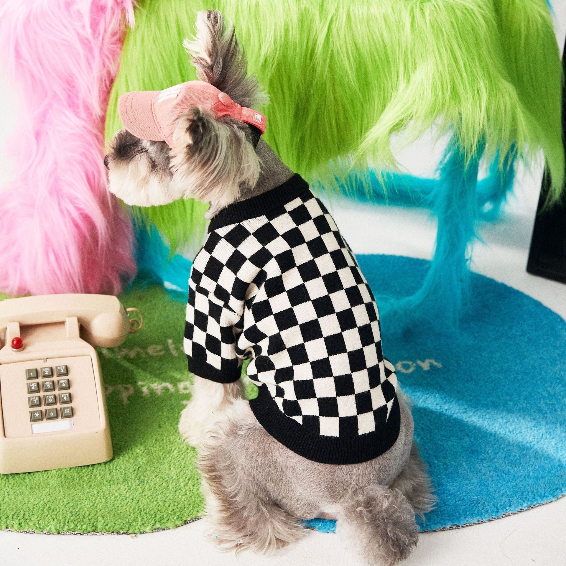 Pet Checkerboard Round Neck Pullover Sweater