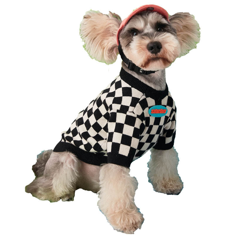 Pet Checkerboard Round Neck Pullover Sweater